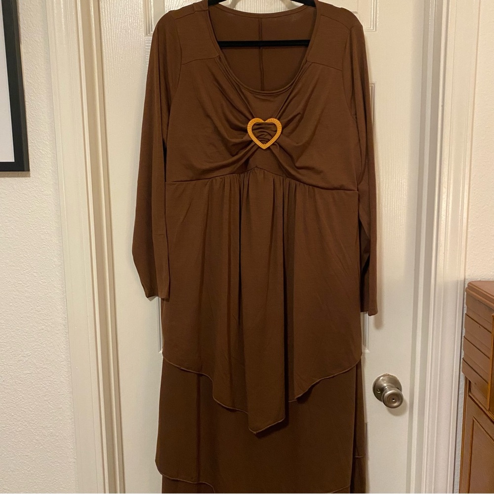 Brown Long Sleeve Dress with Heart Detail